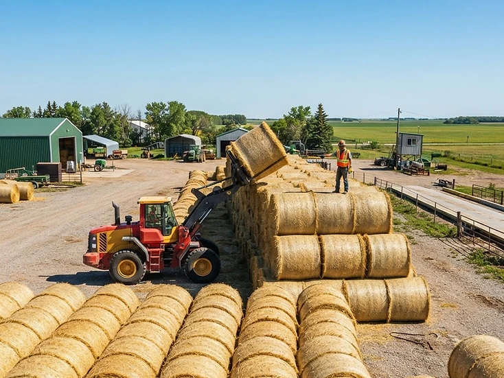Loader moving golden hay bales at a bright Interlake forage and feed yard