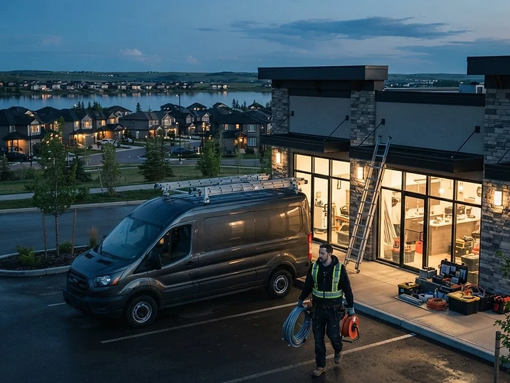 Unbranded electrical contractor service van with ladder rack and cable reels outside a new commercial storefront in Chestermere at twilight