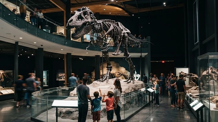 Towering T. rex skeleton exhibit with families exploring a palaeontology museum in Drumheller