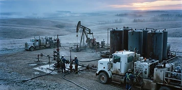 Oilfield service trucks working at a southwestern Manitoba wellsite at dawn