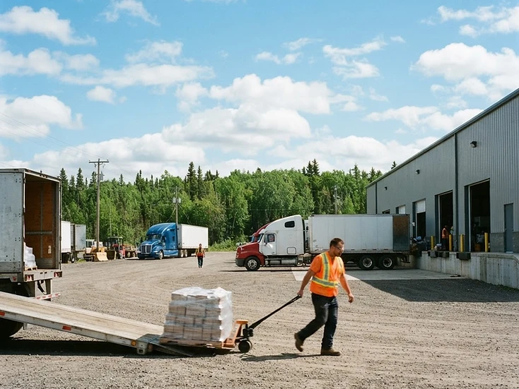 Freight trucks and a worker at a bright regional distribution yard in The Pas