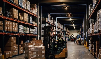 Distribution warehouse with pallets and a forklift