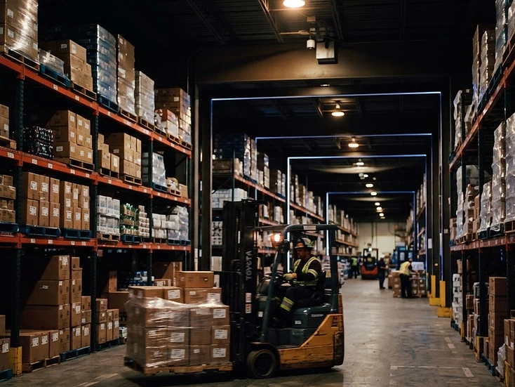 Distribution warehouse with pallets and a forklift