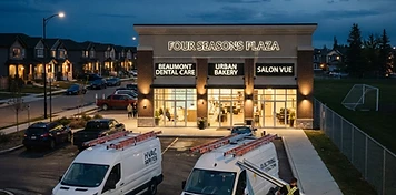 HVAC service van and electrician's cargo van at a new commercial strip in Beaumont at dusk