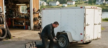 Technician servicing a commercial trailer at a small independent Hartland shop.