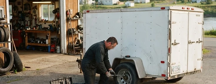 Technician servicing a commercial trailer at a small independent Hartland shop.