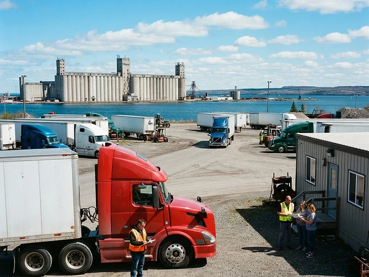 Drivers and dispatch staff at a sunlit transportation yard in Thunder Bay, Ontario