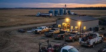 Contractor service trucks and grain trucks in a small industrial yard in Redwater, Alberta