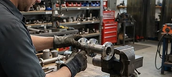 Fabricator fitting a machined industrial component at a workbench in a Nackawic maintenance shop.