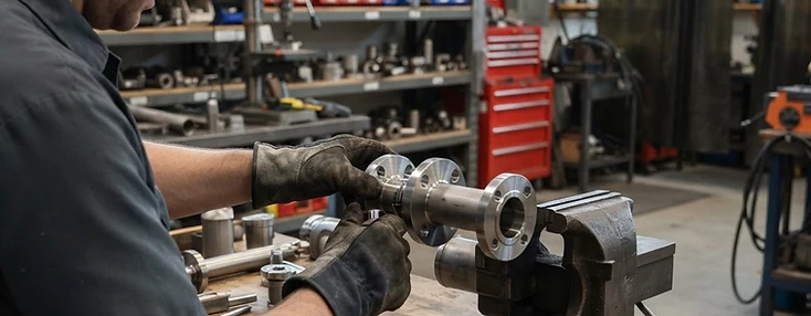 Fabricator fitting a machined industrial component at a workbench in a Nackawic maintenance shop.