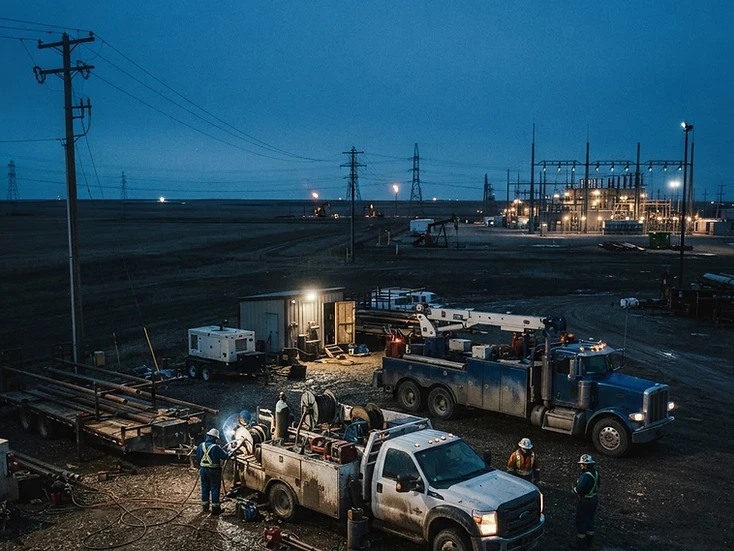Oilfield service trucks and a welding rig staged near power-generation infrastructure at dusk