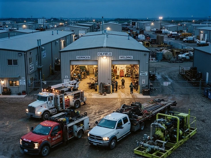 Oilfield service shops with welding truck, hot-shot trailer and pump unit in the Nisku industrial park at dusk