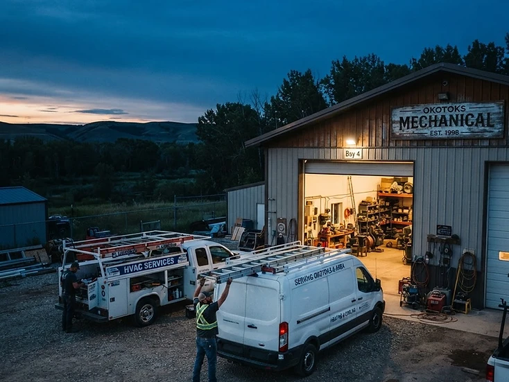 HVAC service van and utility truck at an open shop bay in Okotoks with the Sheep River valley behind at dusk