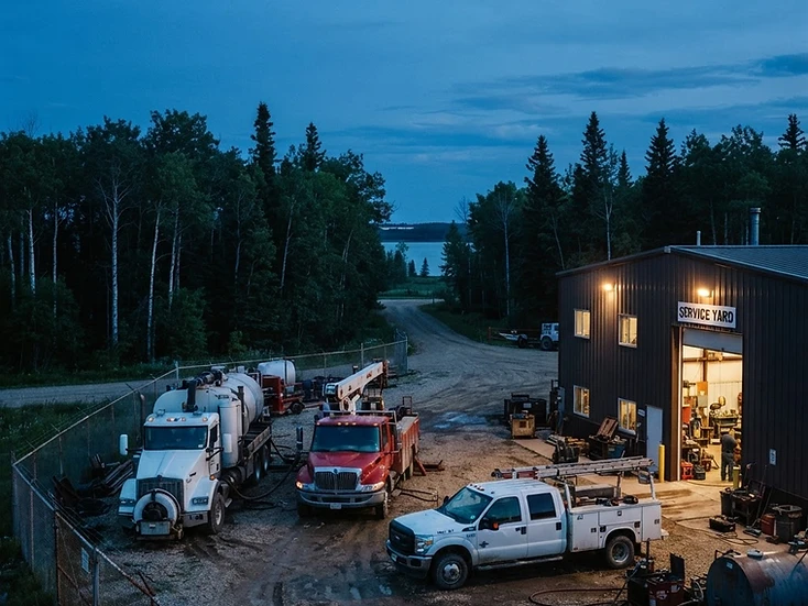 Oilfield service yard with crew trucks, vacuum truck and picker at a fenced shop near Bonnyville at dusk