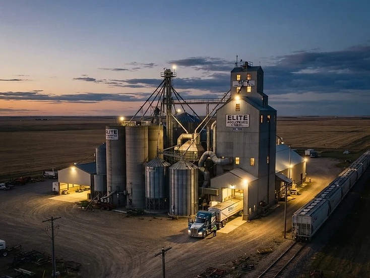 Feed mill and grain facility with silos and a loading truck at a rail siding in Vegreville at dusk