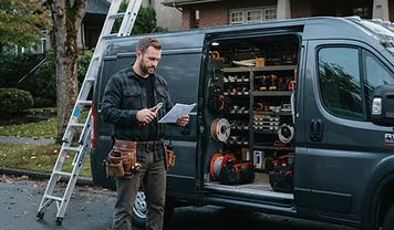 Canadian service contractor beside an open service van at a residential job site