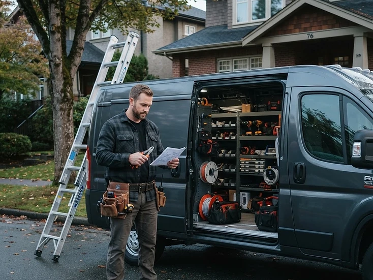 Canadian service contractor beside an open service van at a residential job site