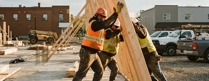 Construction crew raising a stud wall on a small commercial build in Oromocto.