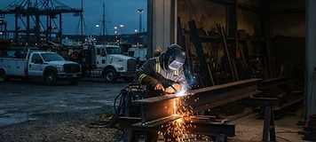 Welder finishing structural steel in a Saint John fabrication shop, harbour cranes silhouetted in the far background at dusk.
