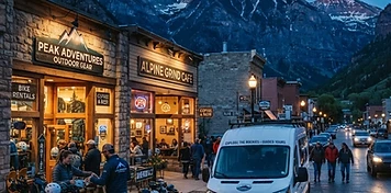 Mountain-town storefront with café and outdoor gear shop and a passenger tour van on the street with peaks behind at dusk