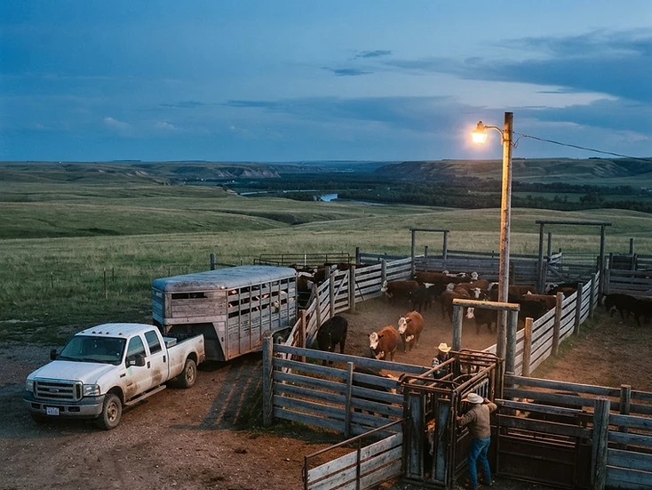 Ranch pickup with stock trailer at wooden corrals and cattle in rangeland near Fort Macleod at dusk