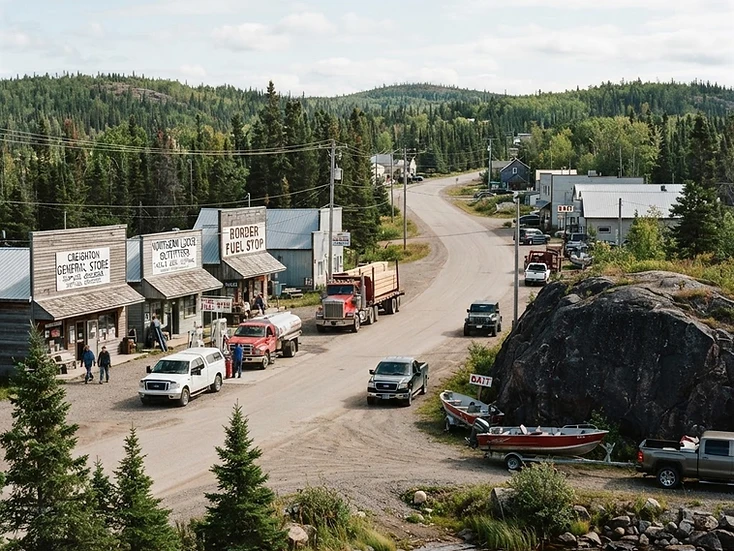 Border-service commercial street with transport trucks and fishing-lodge boats at Creighton beside Flin Flon, Saskatchewan