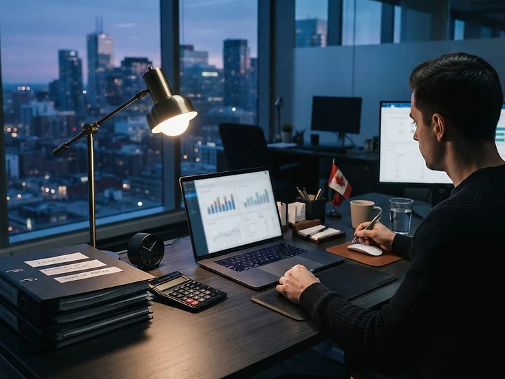Accounting workspace with organized invoice folders, calculator and laptop in cool blue light
