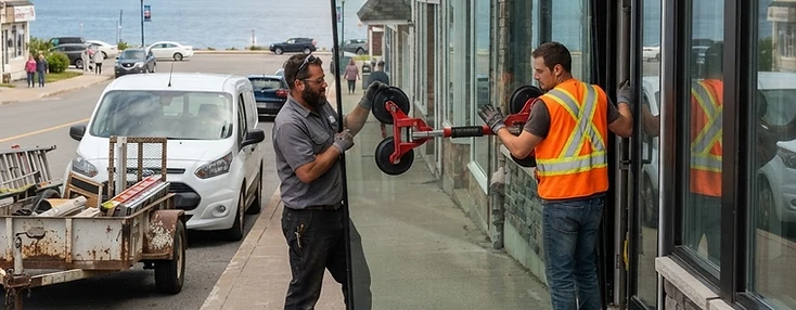 Contractor crew installing a storefront glass pane with suction lifters at a small commercial building in Dalhousie.
