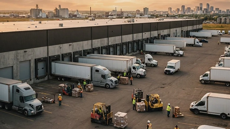 Distribution warehouse yard with unbranded semi-trucks, trailers and delivery vehicles loading pallets in Edmonton at golden hour
