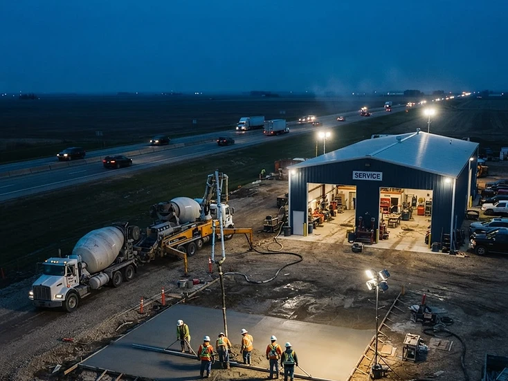Concrete crew pouring a commercial slab with pump truck under night floodlights in Blackfalds at dusk