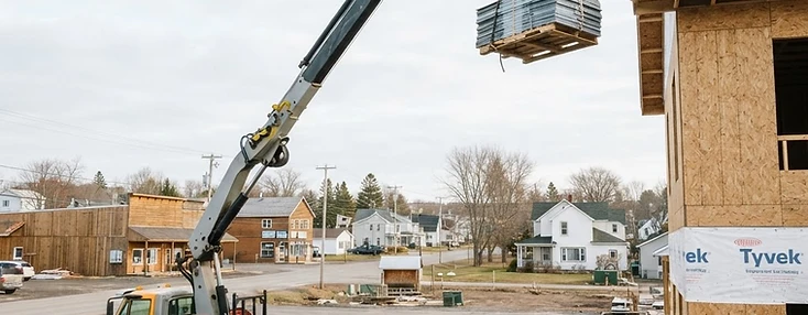 Boom truck lifting building supplies to a commercial roofline in Tracadie.