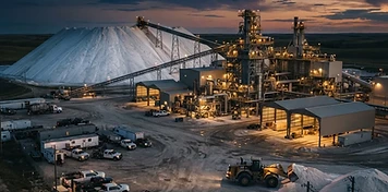 White potash tailings pile beside a modern mining mill complex with contractor service trucks at dusk
