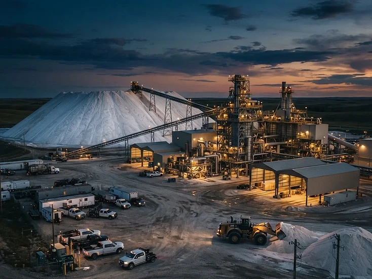 White potash tailings pile beside a modern mining mill complex with contractor service trucks at dusk