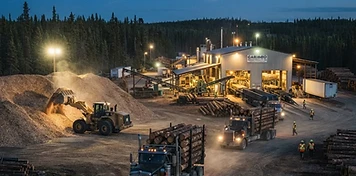 Boreal forest products operation with log trucks, mill building and chip pile under floodlights near High Level at dusk