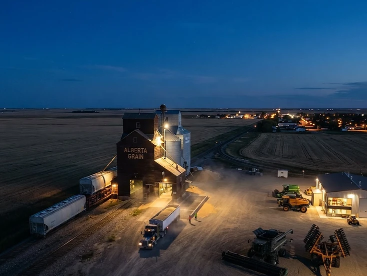 Grain elevators with a grain truck unloading and an ag dealership yard near Strathmore at dusk