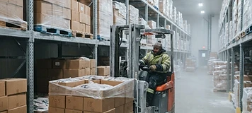Forklift staging pallets of seafood boxes in a Caraquet cold-storage facility.