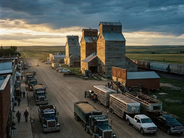 Grain elevators and cattle stock trailers at a southern Saskatchewan agricultural service town at golden hour