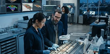 Mining-technology and agricultural-science professionals at work in a modern Saskatoon laboratory
