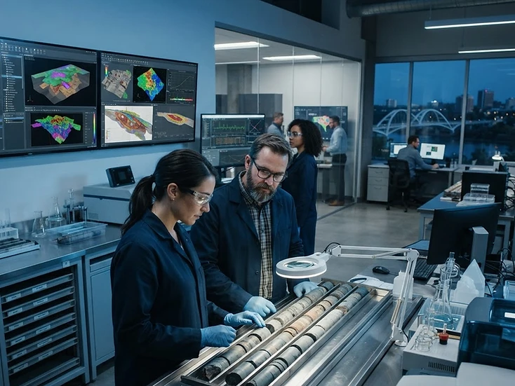 Mining-technology and agricultural-science professionals at work in a modern Saskatoon laboratory