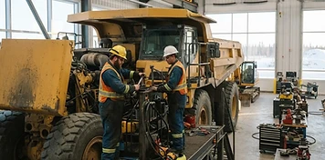 Technicians servicing heavy mining equipment in a bright northern Manitoba service facility
