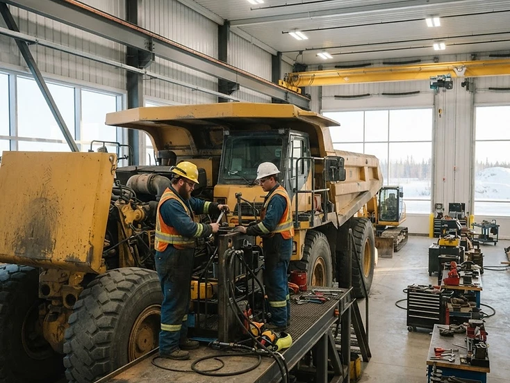 Technicians servicing heavy mining equipment in a bright northern Manitoba service facility