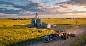 Grain elevator, canola field and grain trucks on the southern Saskatchewan prairie at golden hour