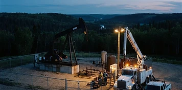 Pumpjack on a fenced wellsite with a well-servicing truck in aspen parkland near Drayton Valley at dusk