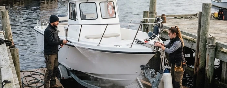 Crew preparing a small commercial tour vessel at a coastal service dock in St. Andrews.