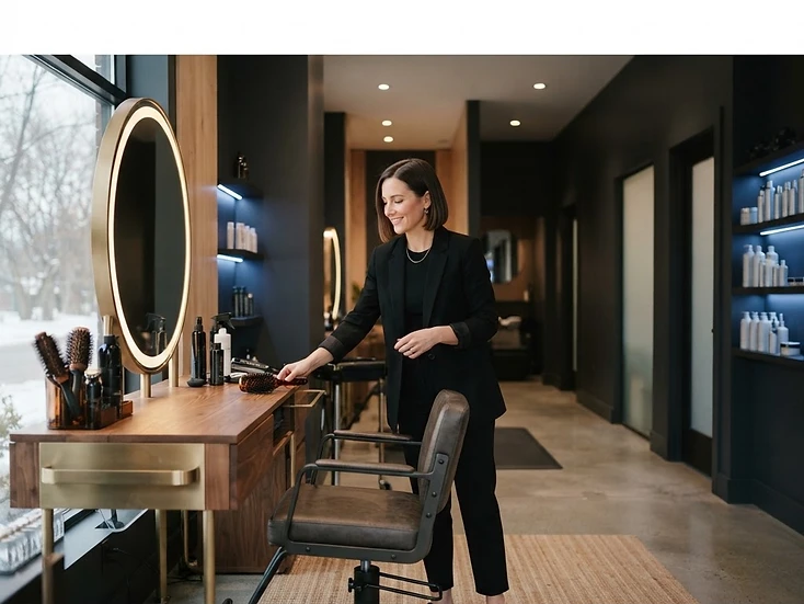 Owner-operated salon and wellness business interior at opening time