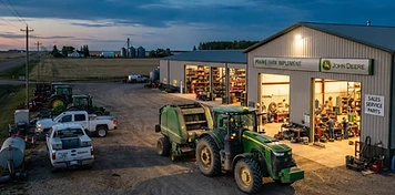 Farm equipment dealership service bay with tractor and baler in the yard in Stettler at dusk