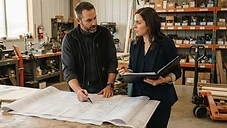 Illustrative Saskatchewan business-growth planning session — a business owner and an advisor reviewing expansion plans in a workshop.