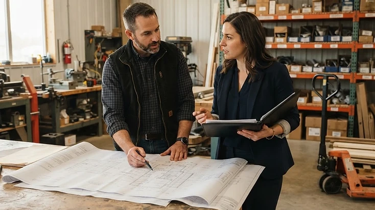 Illustrative Saskatchewan business-growth planning session — a business owner and an advisor reviewing expansion plans in a workshop.