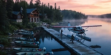 Floatplane at a northern lake lodge dock on a boreal shoreline at first light