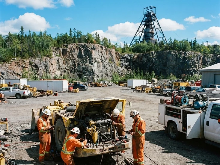 Technicians servicing mine equipment at a sunlit Sudbury-area industrial yard, Ontario